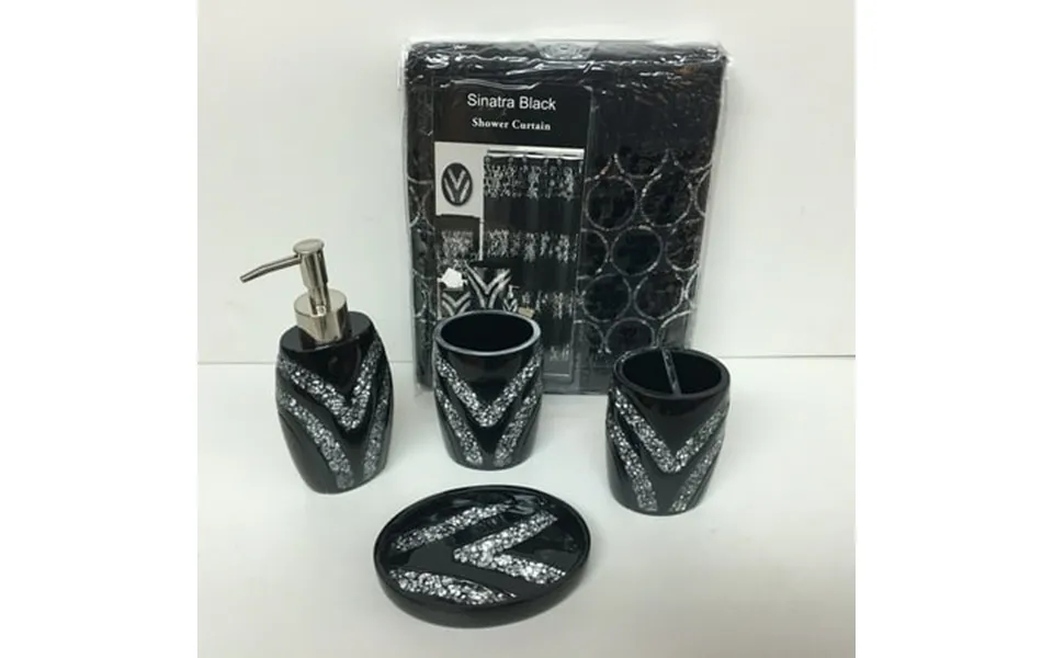Popular Bath 5 Piece Sinatra Black Shower Curtain And Resin Bath Accessories Set