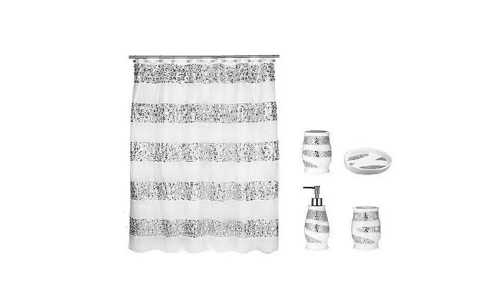 Popular Bath 5 Piece Sinatra White Shower Curtain And Resin Bath Accessories Set