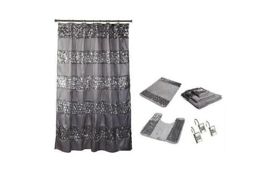 Popular Bath 7 Piece Sinatra Silver Shower Curtain Resin Hooks Towels And Rugs Set