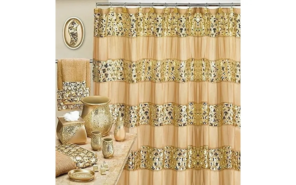 Popular Bath Sinatra Champagne And Gold 8 Piece Shower Curtain And Resin Wastebasket Set