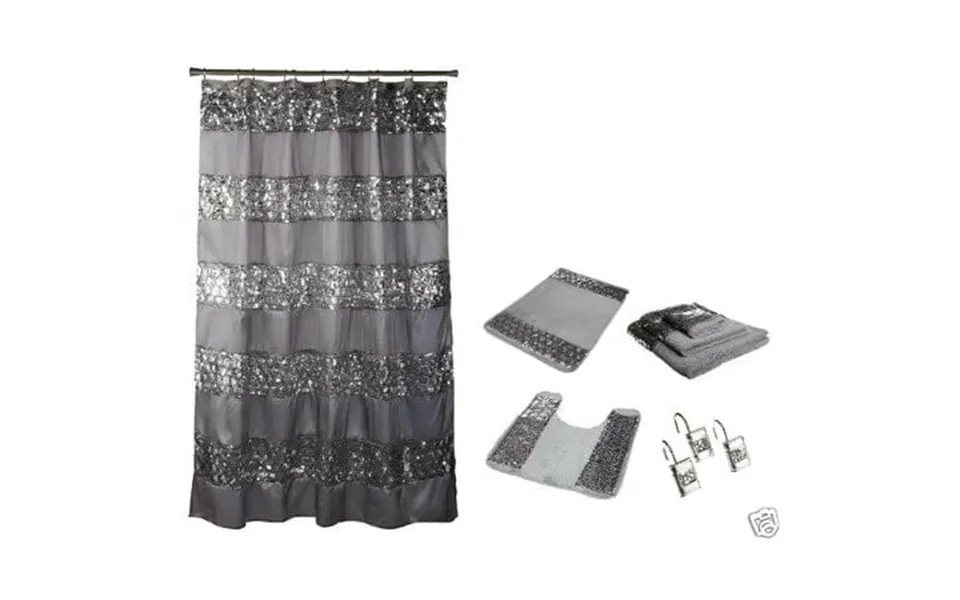 Popular Bath Sinatra Silver 18 Piece Bath Set Includes Shower Curtain Resin Hooks 2 Rugs And Towel Set