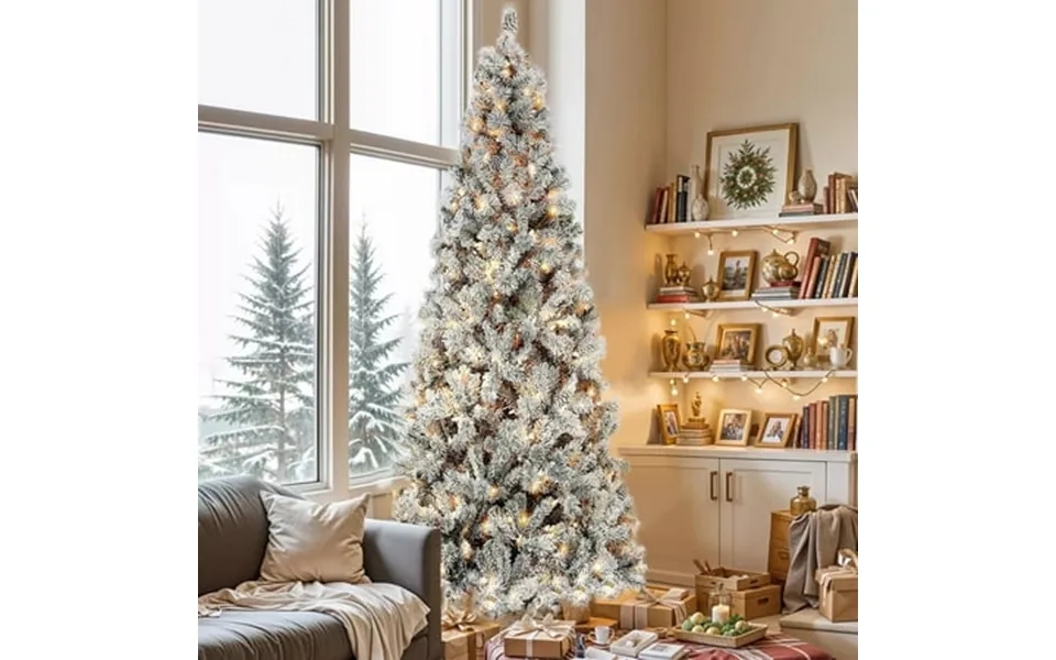 Posrue 6.5ft Pre-lit Snow Flocked Slim Christmas Tree With 1000 Tips 250 Warm Lights Hinged Artificial Holiday Xmas Pine