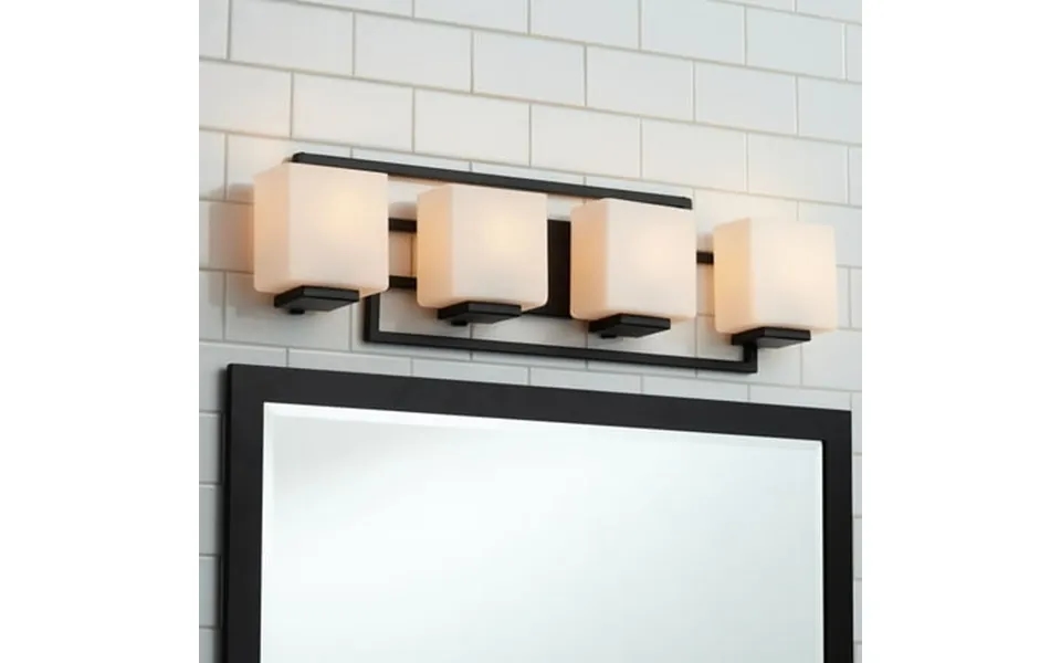 Possini Euro Design Modern Wall Light Black Hardwire 29 4-light Fixture White Rectangular Glass Shade For Bathroom Vanit