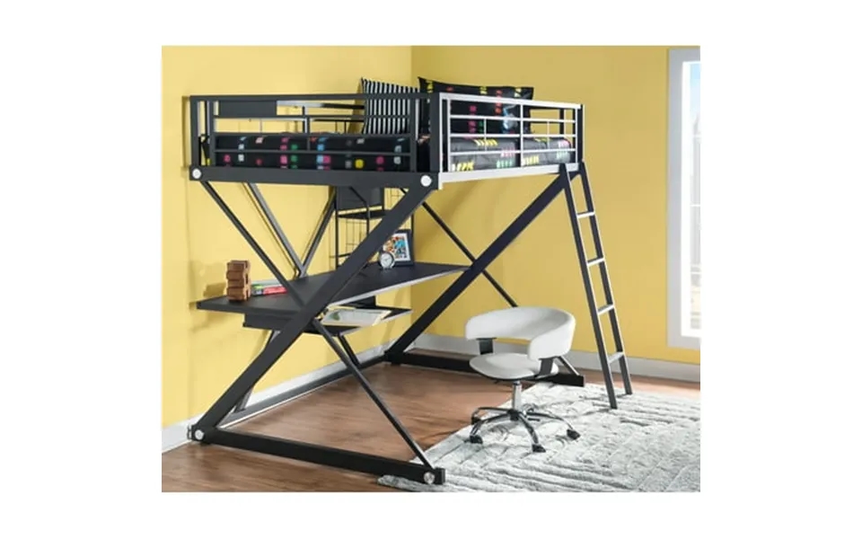 Powell Pierce Sleep Study And Store Full Loft Bed Set With Rolling Desk Chair Black With White Chair