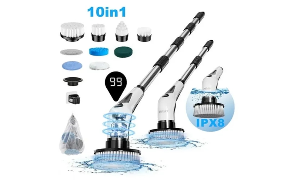 Prasky Electric Spin Scrubber Waterproof Shower Scrubber With Long Handle For Bathroom White