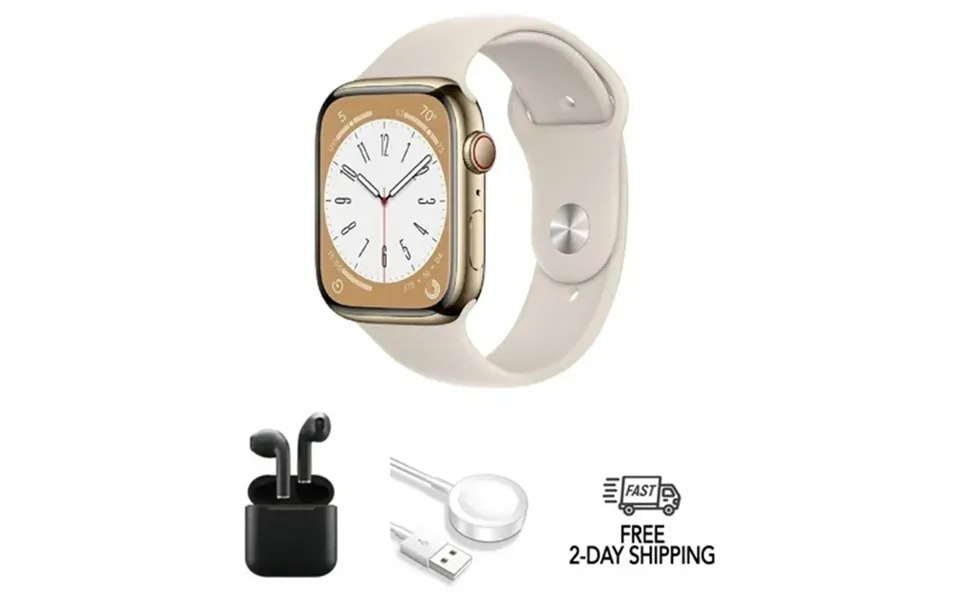 Pre-owned Apple Watch Series 8 Stainless Steel 41mm Gps Cellular Gold W Wireless Earbuds