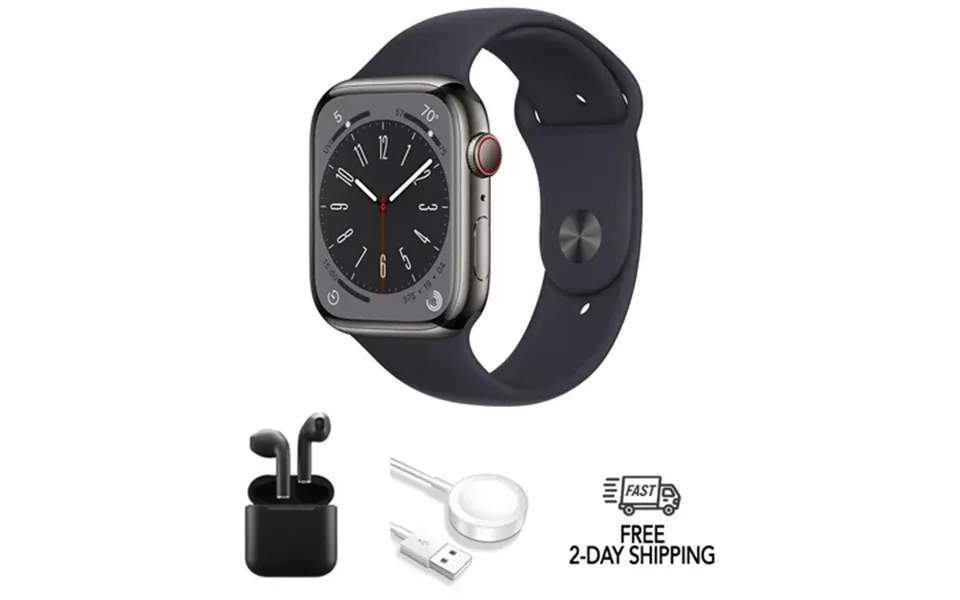 Pre-owned Apple Watch Series 8 Stainless Steel 41mm Gps Cellular Graphite W Wireless Earbuds