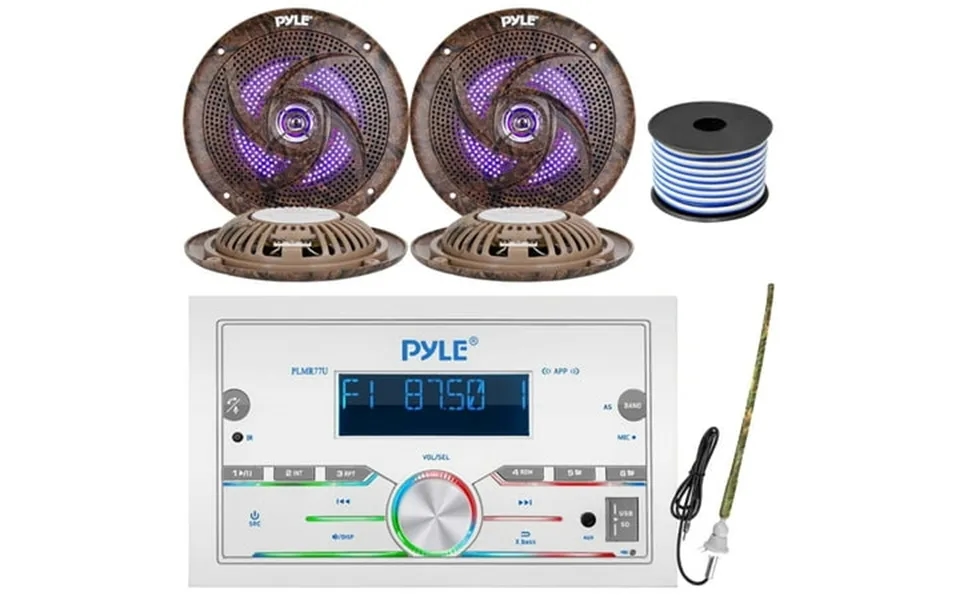 Pyle Plmr77u Double Din Am Fm Stereo Mp3 Usb Aux Bluetooth Marine Power Receiver With 2 Pairs Of 6