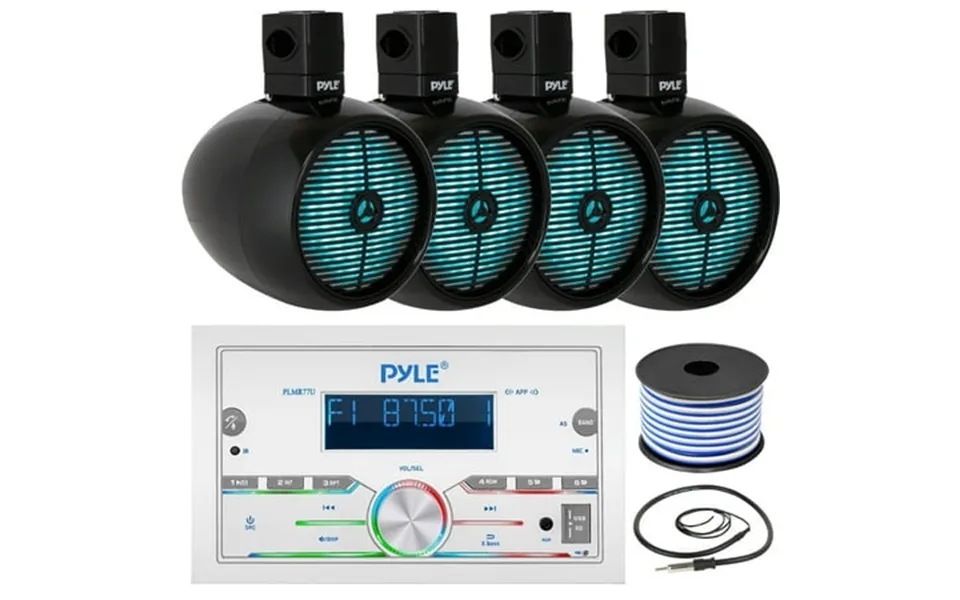 Pyle Plmr77u Double Din Am Fm Stereo Mp3 Usb Aux Bluetooth Marine Power Receiver With 2 Pairs Of 8 2-way 480w Marine Bla