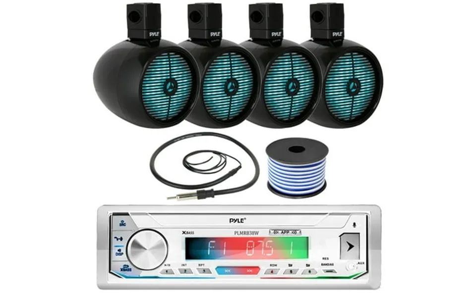 Pyle Plmrb39w Single Din Am Fm Radio Usb Aux Bluetooth Marine Stereo White Receiver With 2 Pairs Of 8 2-way 480w Marine