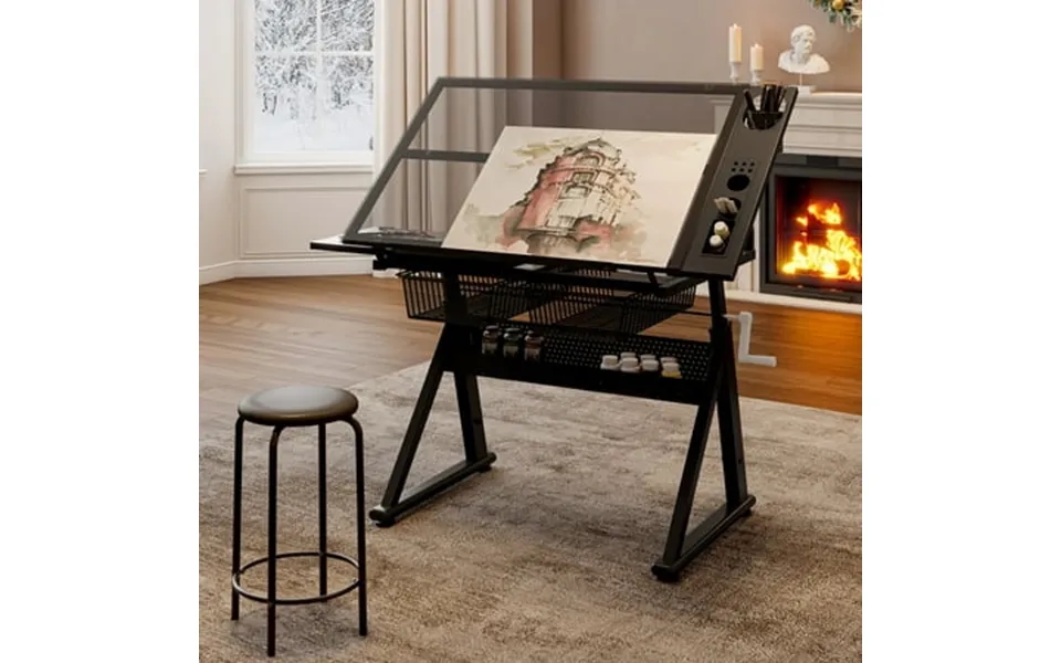 Qiushi Hand Crank Adjustable Drawing Table With Stool Upgraded Tempered Glass Drafting Desk With Storage Drawers Height