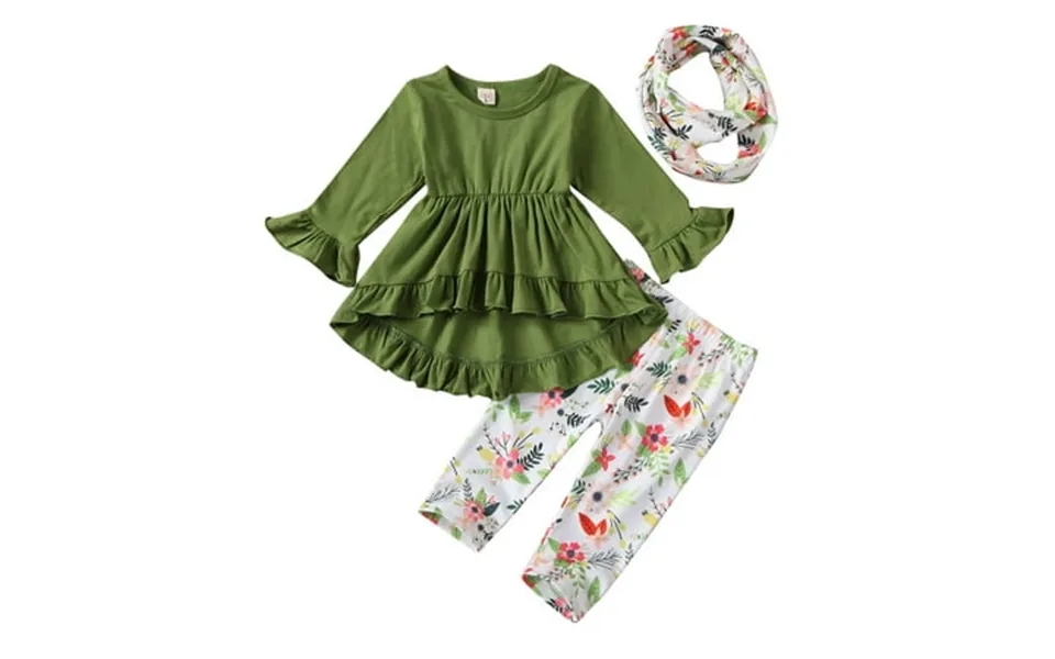 Qtinghua 3pcs Toddler Baby Girls Outfits Floral Ruffle Flare Tunic Dress Top Leggings Pants Scarf Fall Winter Clothes Gr