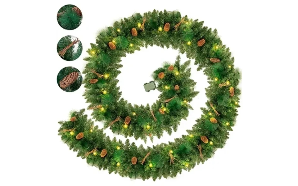 Qunler 9ft Pre-lit Christmas Garland Green Xmas Garland With Battery Operated Led Lights Pine Needles Branches Pine Cone