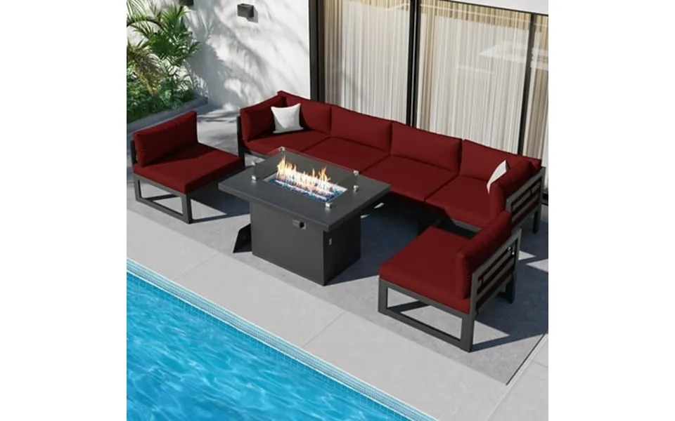 Radiata 7 Pieces Aluminum Outdoor Patio Sectional Furniture Sofa Set With Fire Pit Table Large Size Luxury Comfortable D