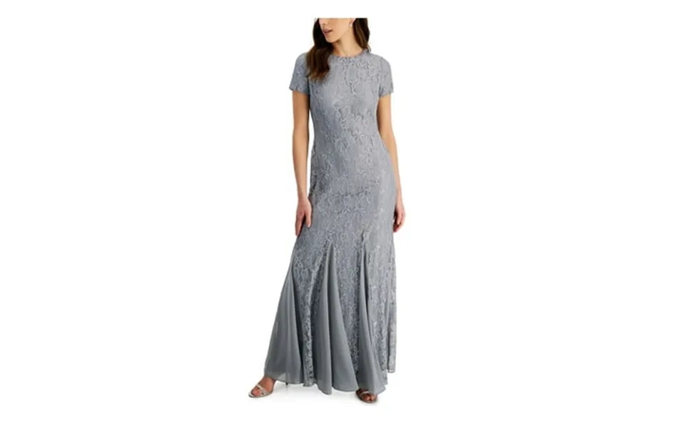 Ralph Lauren Womens Gray Zippered Lace Godet Panels Lined Sheer Floral Cap Sleeve Round Neck Full-length Formal Gown Dre