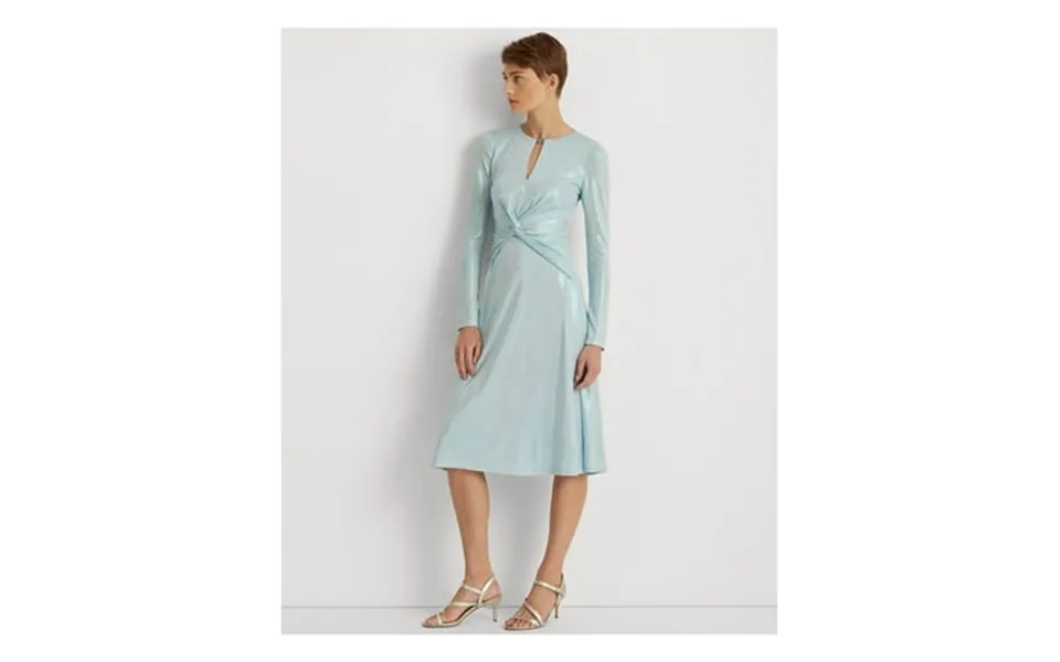 Ralph Lauren Womens Light Blue Zippered Twist Front Lined Logo Plaque Long Sleeve Keyhole Below The Knee Cocktail A-line