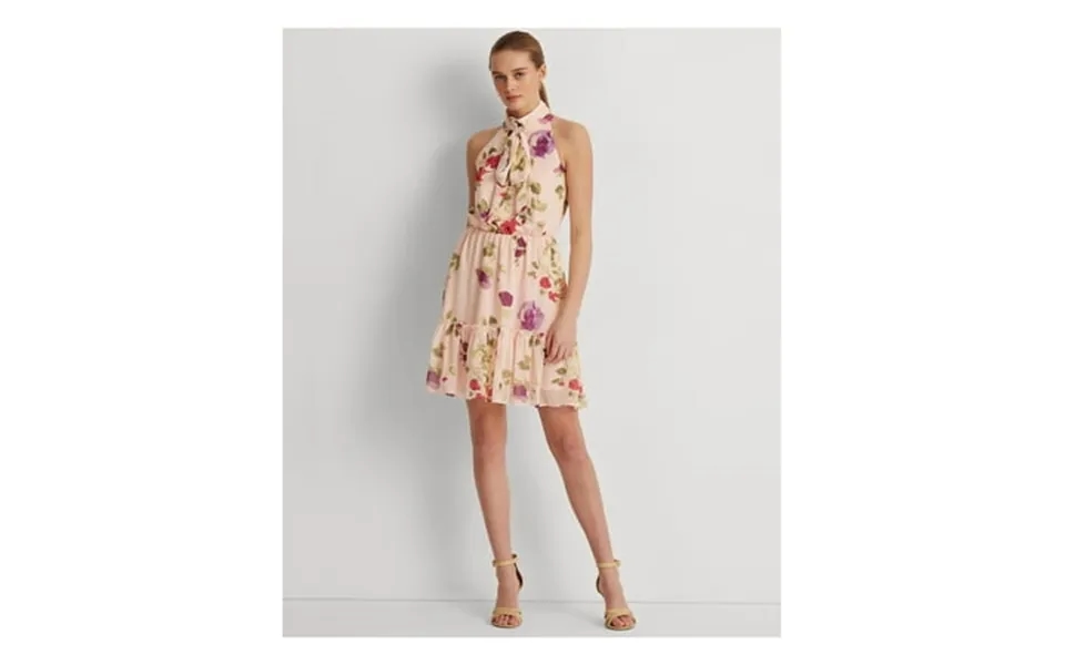 Ralph Lauren Womens Pink Ruffled Keyhole Back Elastic Waist Lined Floral Sleeveless Tie Neck Above The Knee Party Fit Fl