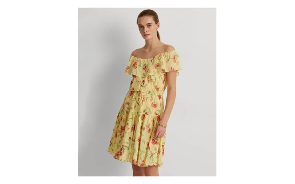 Ralph Lauren Womens Yellow Ruffled Elastic Drawstring Waist Lined Floral Flutter Sleeve Off Shoulder Knee Length Party F