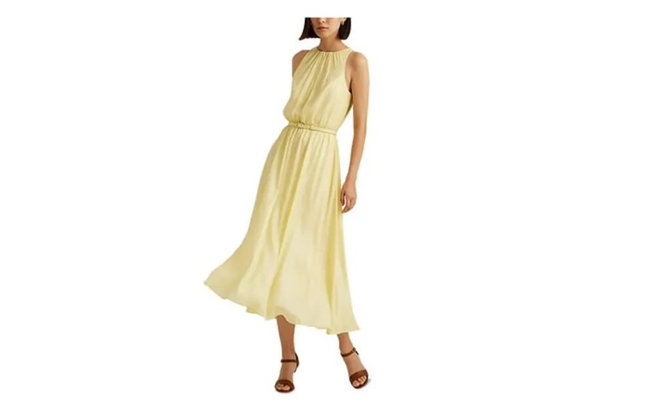 Ralph Lauren Womens Yellow Zippered Belted Keyhole Front Sheer Lined Sleeveless Round Neck Tea-length Party Fit Flare Dr