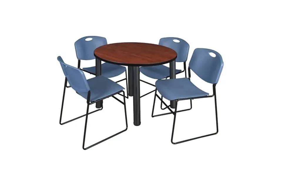 Regency 42 In Round Breakroom Table- Cherry Top Black Legs 4 Zeng Stack Chairs- Blue