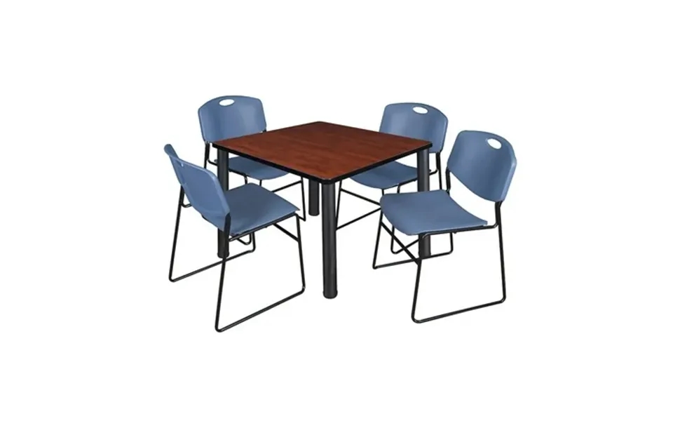 Regency 42 In Square Breakroom Table- Cherry Top Black Legs 4 Zeng Stack Chairs- Blue
