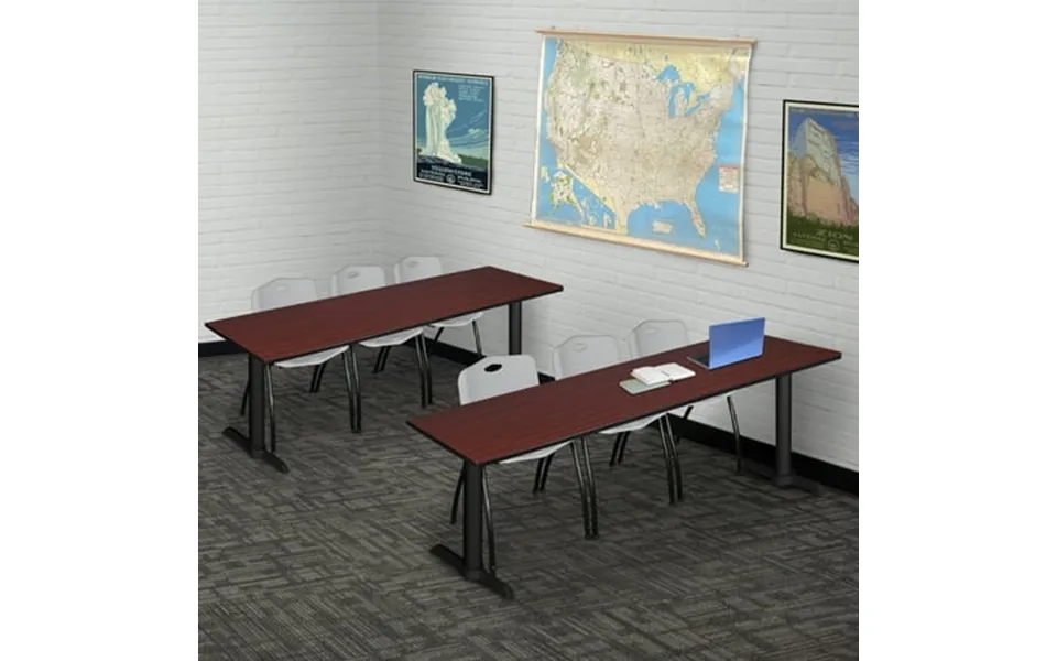 Regency Cain 84 X 24 Training Table- Mahogany & 3 M Stack Chairs- Grey