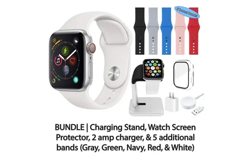 Restored Apple Watch Series 4 Gps 40 Mm Silver Aluminum Case With Silver Sport Band Bundle 5 Bonus Bands Charging Stand