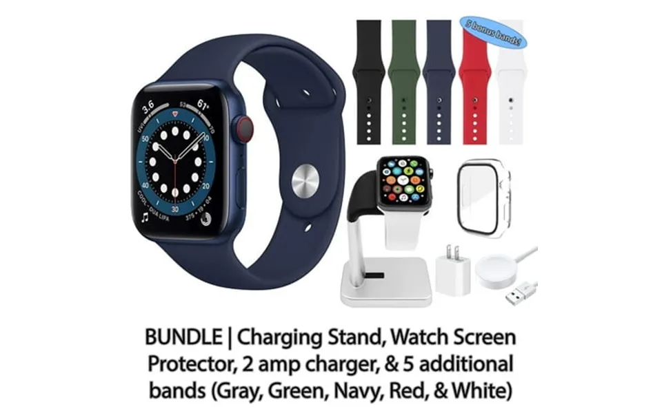 Restored Apple Watch Series 6 Gps Cellular 44 Mm Blue Aluminum Case With Deep Navy Sport Band Bundle 5 Bonus Bands Charg