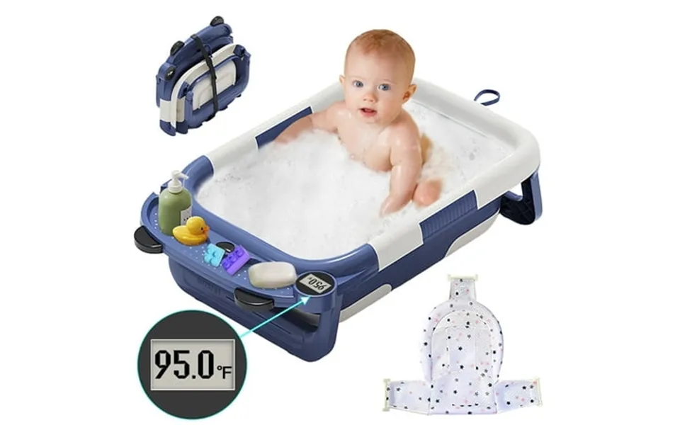 Richyoung Foldable Baby Bathtub Portable Bath Tub With Thermometer & Mesh Mat For Infant To Toddler Blue