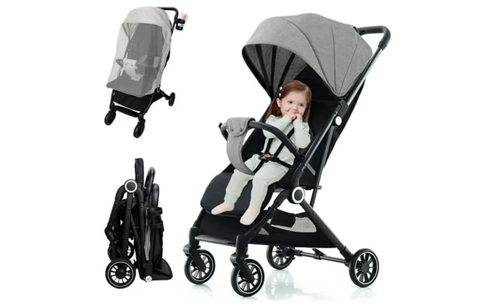 Richyoung Folding Baby Stroller With Mosquito Net Storage Basket Adjustable Backrest Canopy Cup Holder Gray