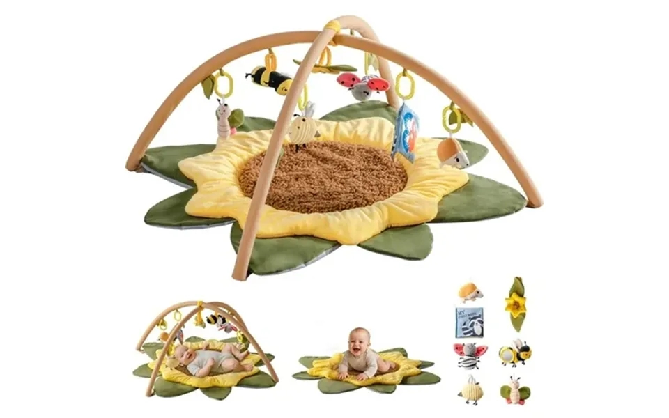 Robud Baby Play Mat Sunflower Shaped Tummy Time Mat With 7 Detachable Toys Oversize Play Mat For Babies 0-6 Months