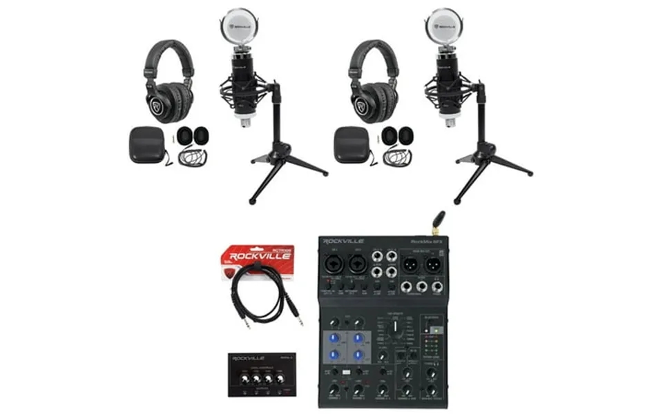 Rockville 2-person Podcast Podcasting Bundle W Effects Mixer Recording Mics