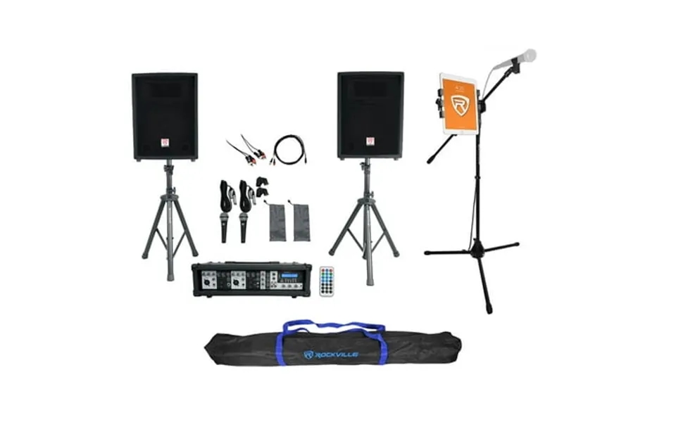 Rockville Dual 10 Karaoke Machine System W Mixer Mic Stand W Tablet Mount Bag