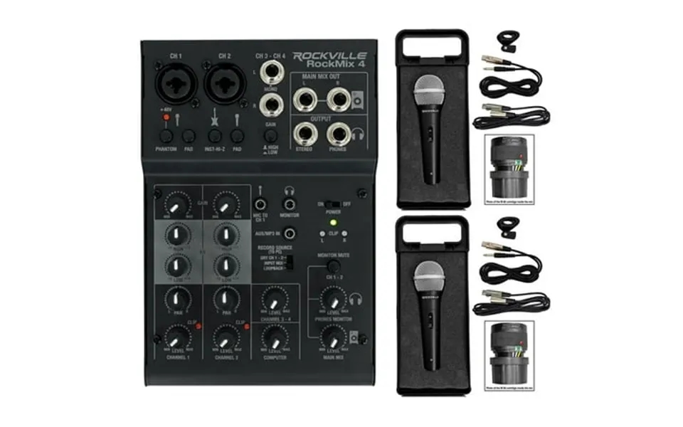 Rockville Rockmix 4 Channel Pro Recording Mixer Interface W Eq 2 Dynamic Mics