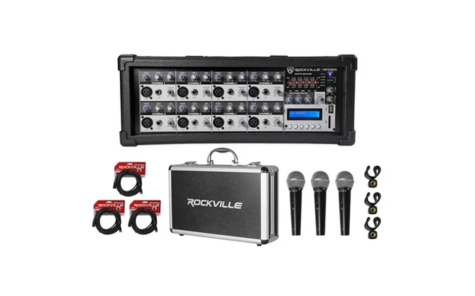 Rockville Rpm85 2400w Powered 8 Channel Mixer Usb Eq Effects Bluetooth Mics Case