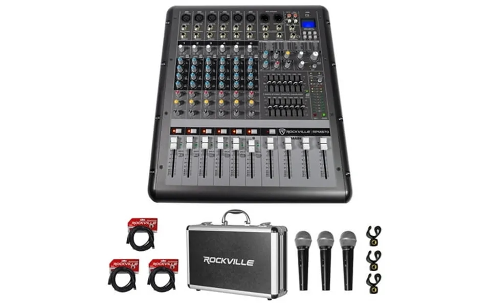 Rockville Rpm870 8 Channel 6000w Powered Mixer Usb Effects 3 Mics Case Cables