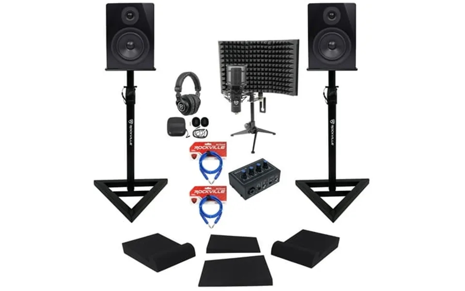 Rockville Studio Recording Kit W Interface Monitors Stands Mic Headphones Shield