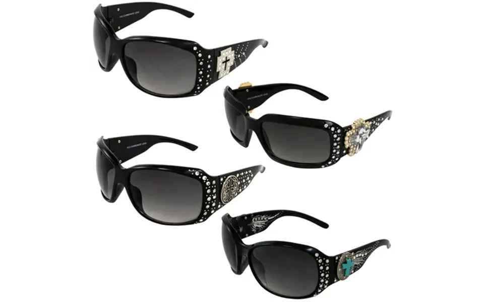 Rodeo Queen 4 Pairs Of Fashion Riding Sunglasses For Women Bling Black Frame W Metal Cross Accent Piece Rhinestones & Sm