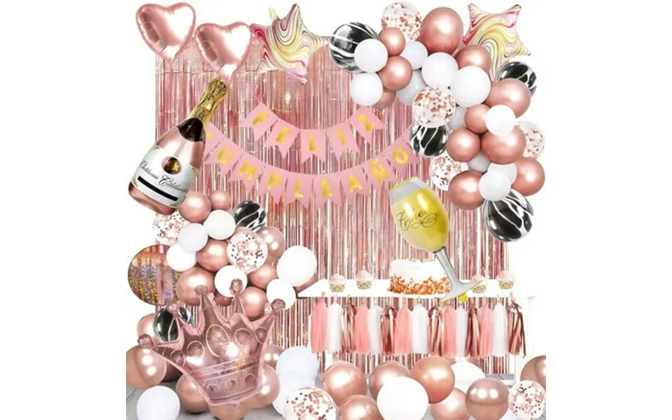 Rose Gold Birthday Party Decorations Set Bilingual English & Spanish Balloon Kit With Banner Air Pump & Sparkly Decor Gi