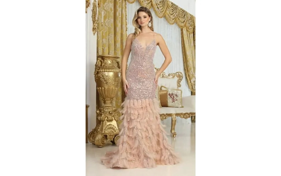 Royal Queen Rq8076 Juniors Womens Spaghetti Strap Feather Sequin Prom Dress