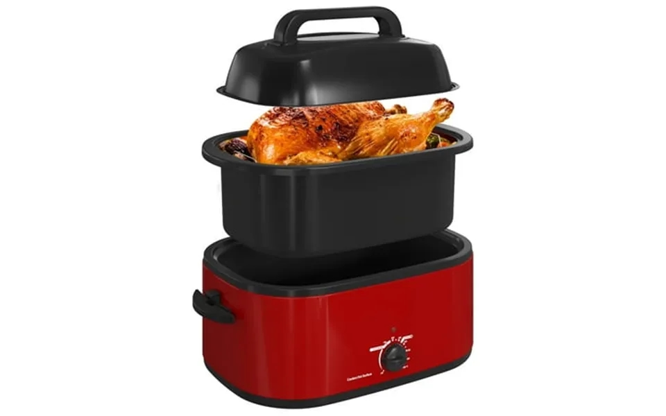 Royalcraft 24 Quart Electric Turkey Roaster Oven With Visible Glass Lid Removable Pan & Rack Stainless Steel Red