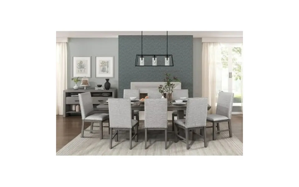 Rustic Design Dining Table 9pc Set Gray Finish Table W Extension Leaf And 8x Fabric Upholstered Side Chairs Modern Dinin
