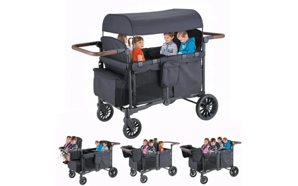 Sacvon Toddler Stroller Wagon For 4 Kids With Cooler Bag Parent Organizer 5-point Harnesses Black
