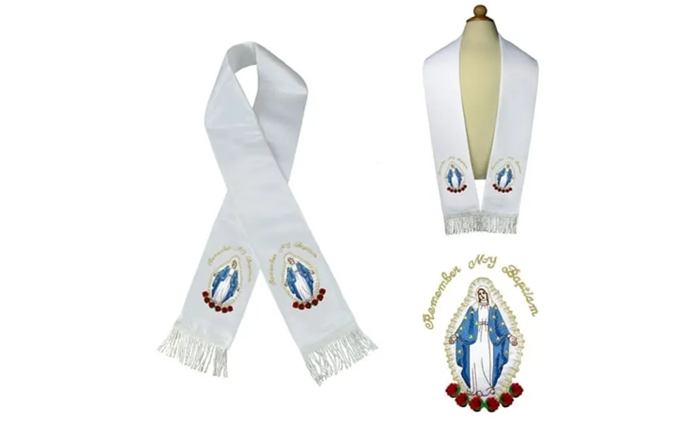 Satin Stole Baptism Christening Silver Gold Embroidered Virgin Mary Santa Maria
