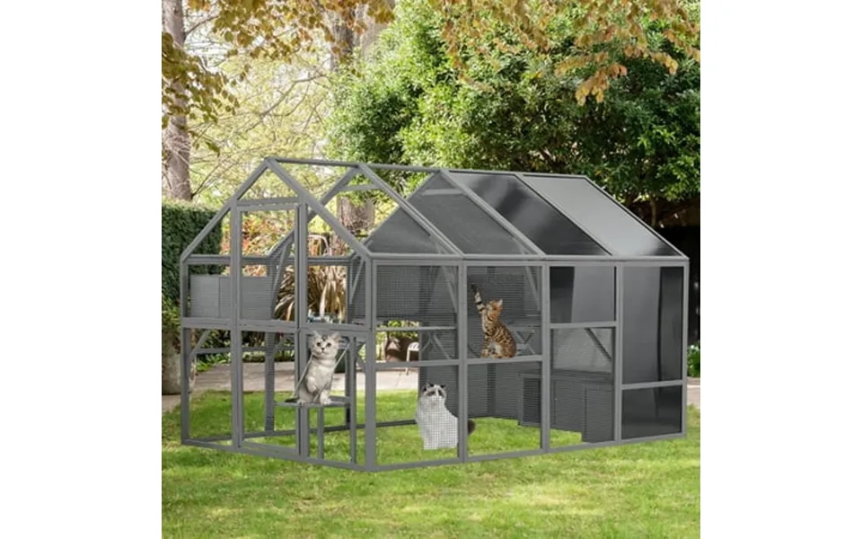 Segmart Grey Cat House Large 108.7 Weatherproof Uv Proof Walk-in Wooden Cat Enclosure Large For Multiple Cats Upgrade Lu