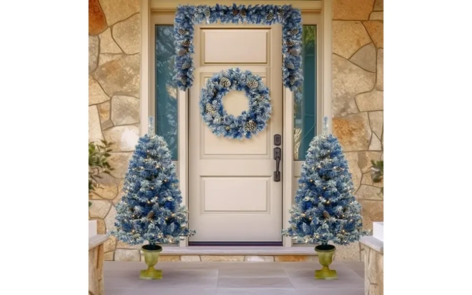 Segmart Pre-lit Christmas Set 7.5ft Tree Garland Wreath & 2 Entry Trees 305 Warm White Leds Blue