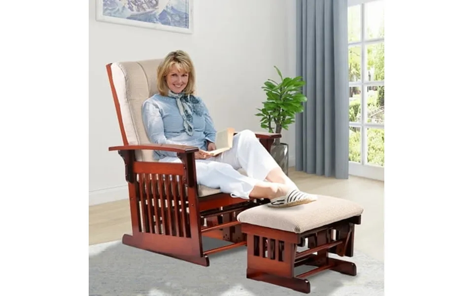 Segmart Upholstery Glider Rocker And Ottoman Set Retro Caramel Finish With Beige Cushions Smooth Rocking Motion Rustic S