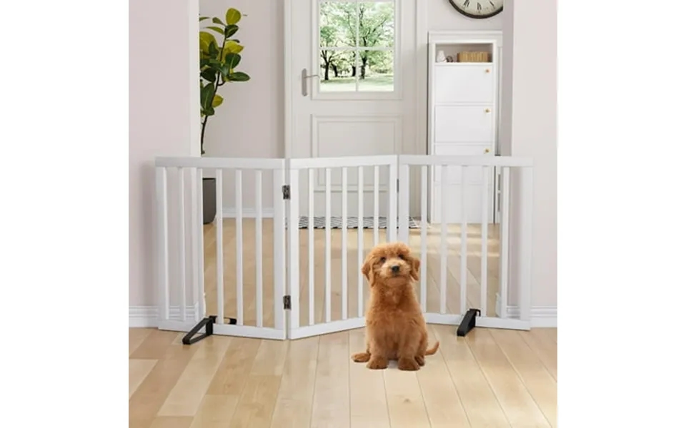 Semiocthome Foldable Dog Gate Bamboo Extra Wide Pet Gate With 2 Metal Stand For Indoor White 55 W