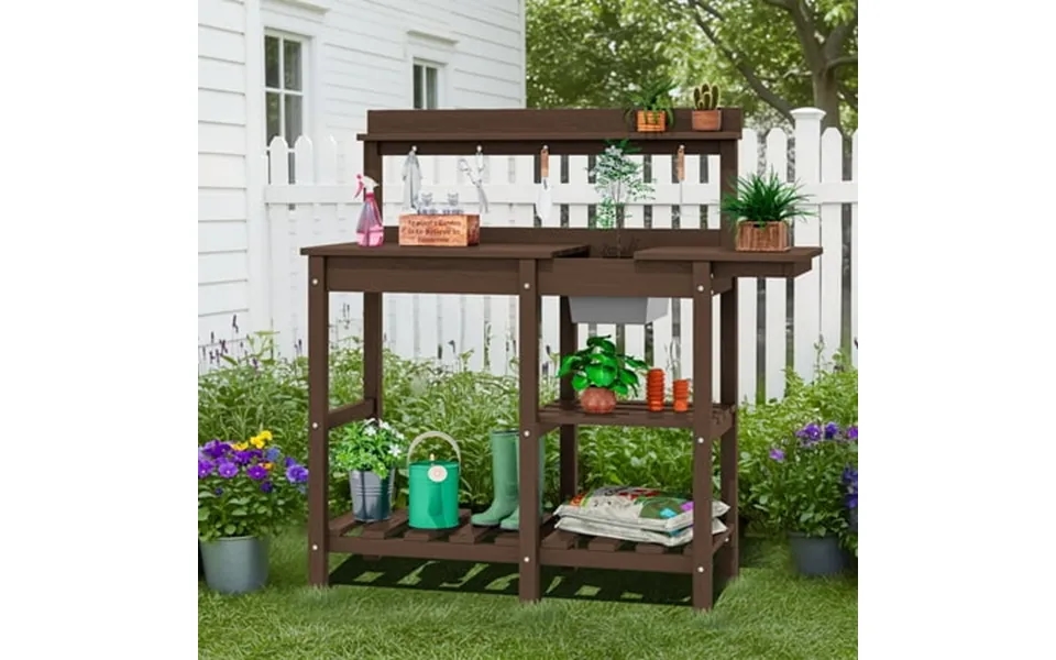 Serwall Potting Bench Outdoor Potting Table With Sink Hdpe Material All Weather Use- Coffee