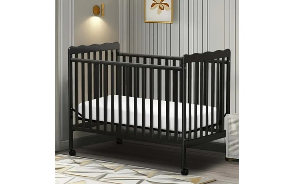 Sesslife 3-in-1 Convertible Crib Black Baby Bed With Locking Wheels Converts From Baby Crib To Toddler Bed Fits Standard